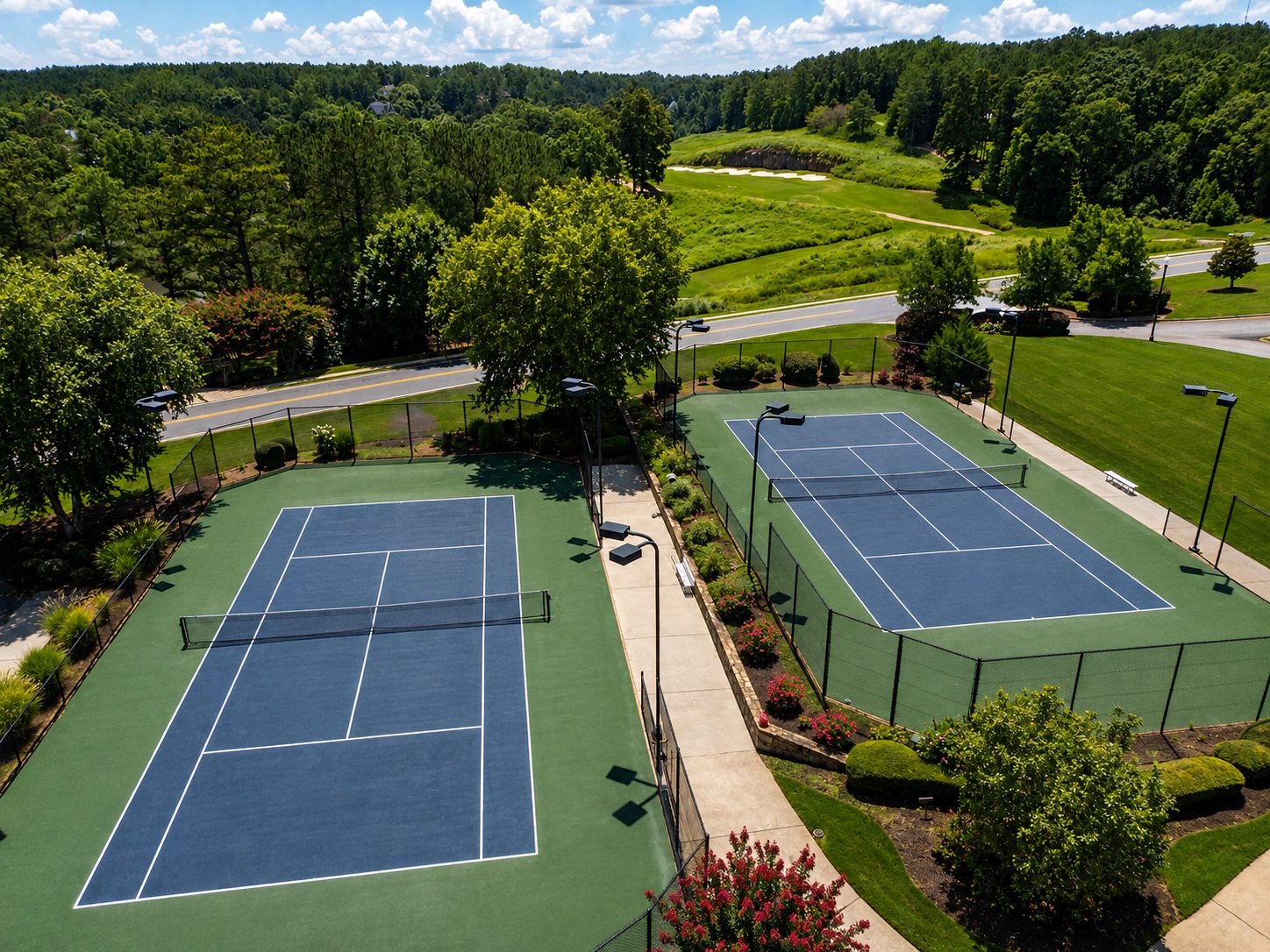 Two outdoor tennis courts overlooking the River Forest landscape